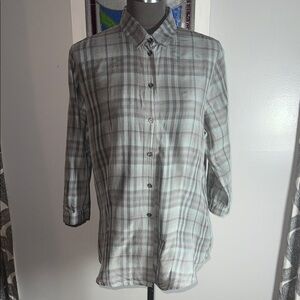 Burberry London Pale Blue & Grey Plaid Cotton/ Silk Blend Button Down Shirt SZ L